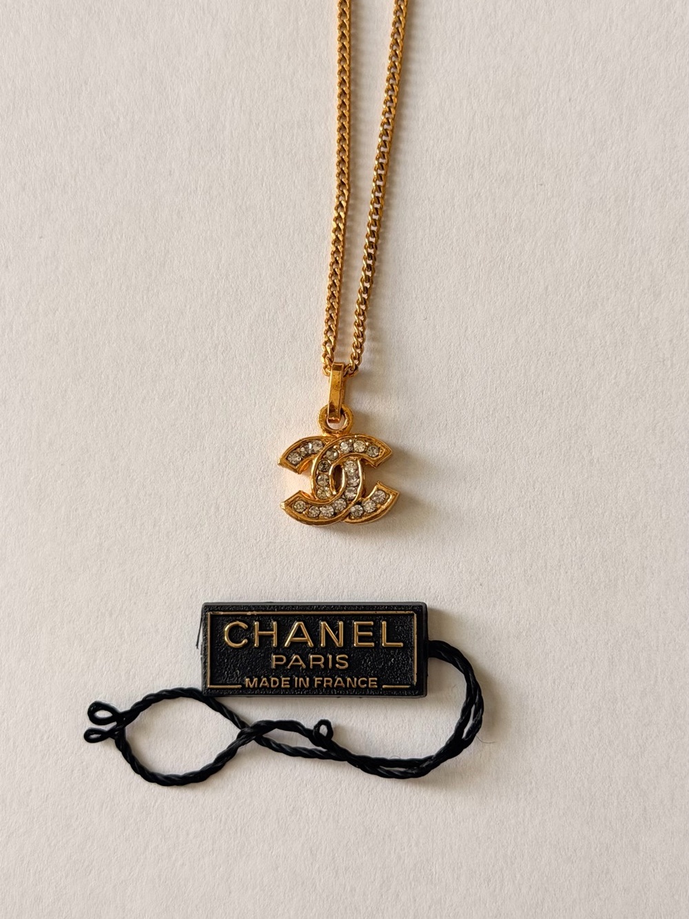 Authentic Chanel Gold CC Logo Crystal Pendant Necklace (7.5 inch drop)